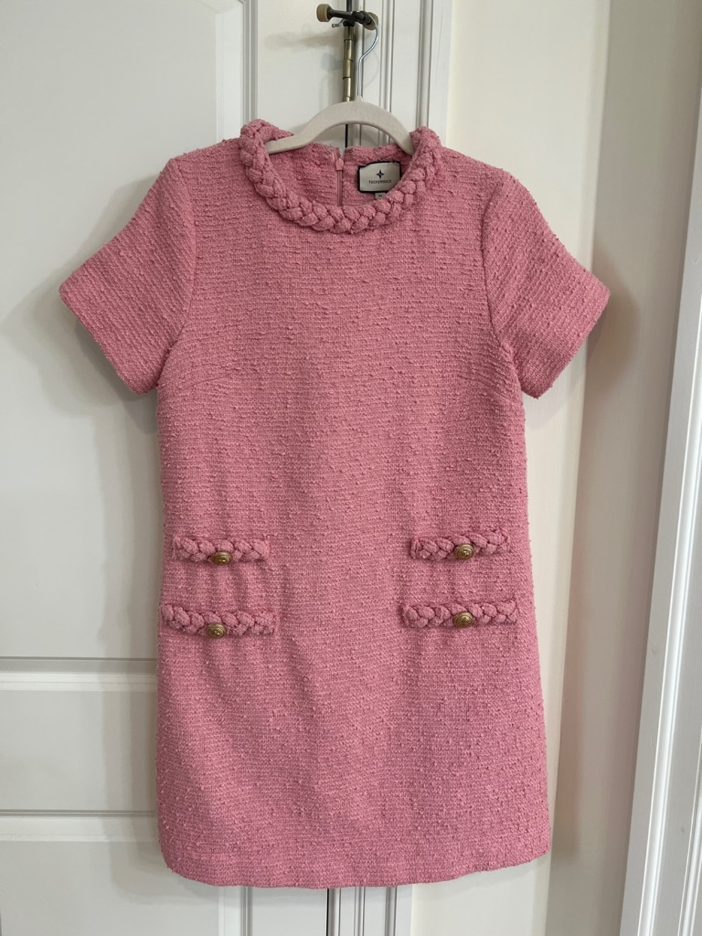 Tuckernuck Jackie Pale Pink Tweed Shift Dress with Braided Trim